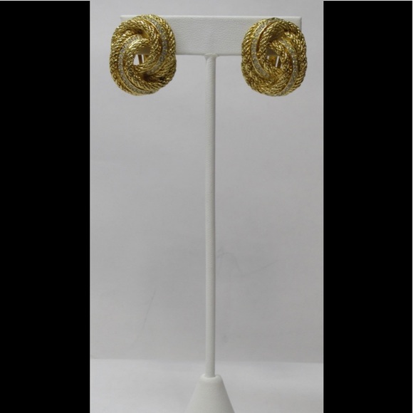 CHRISTIAN DIOR Signed Vintage Gold Tone Crystal Knot Clip-On Earrings - Picture 12 of 14